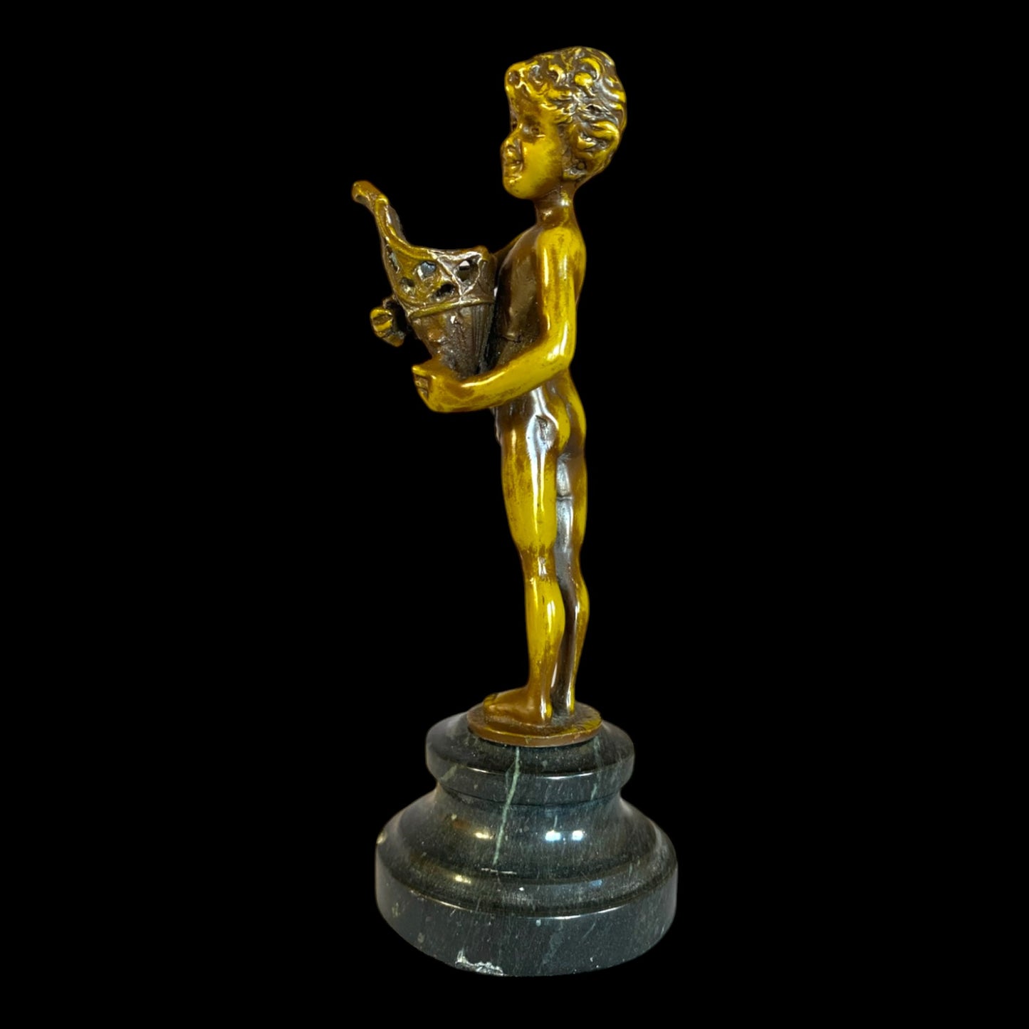 Bronze Statuette of Boy with Basket - Marble Base