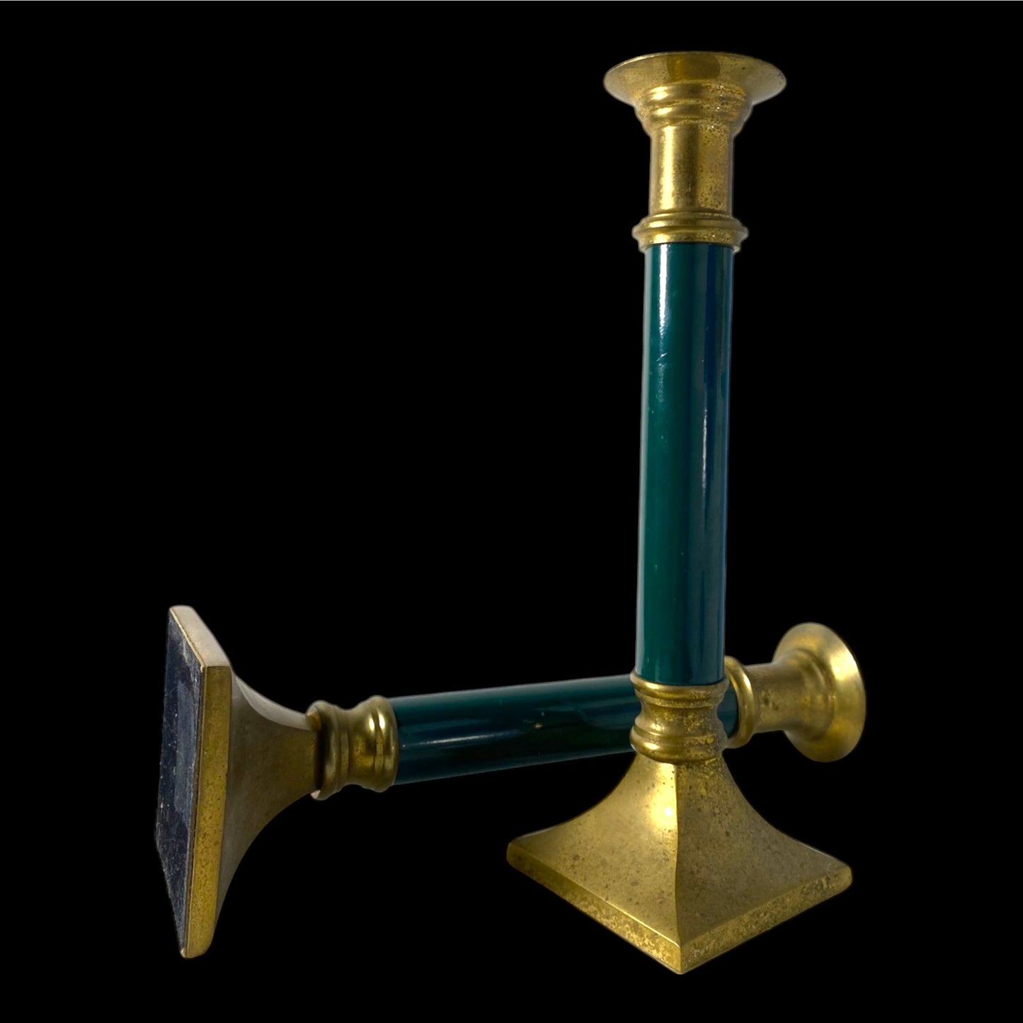 Midcentury Brass Candlesticks - Forest Green Accents