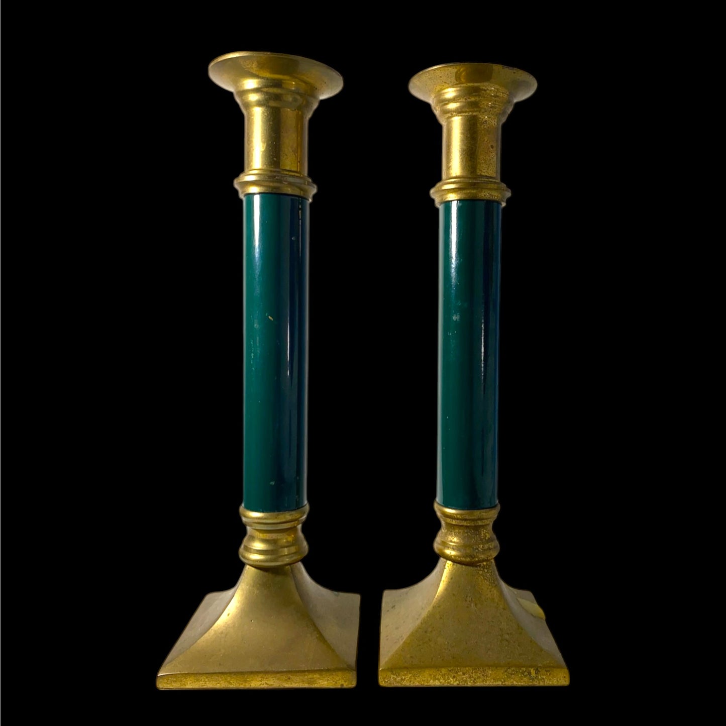 Midcentury Brass Candlesticks - Forest Green Accents
