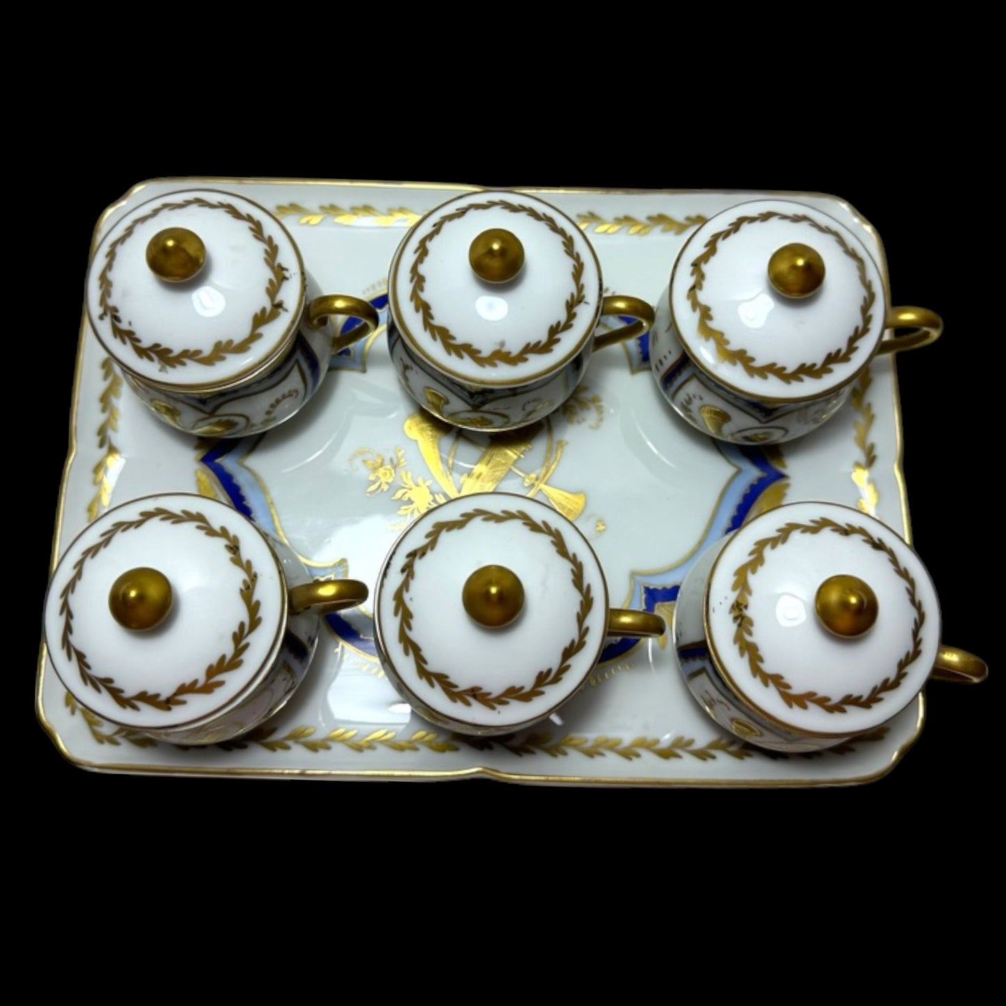 Giraud Limoges Gold Pot de Creme Set - 6 Cups & Tray