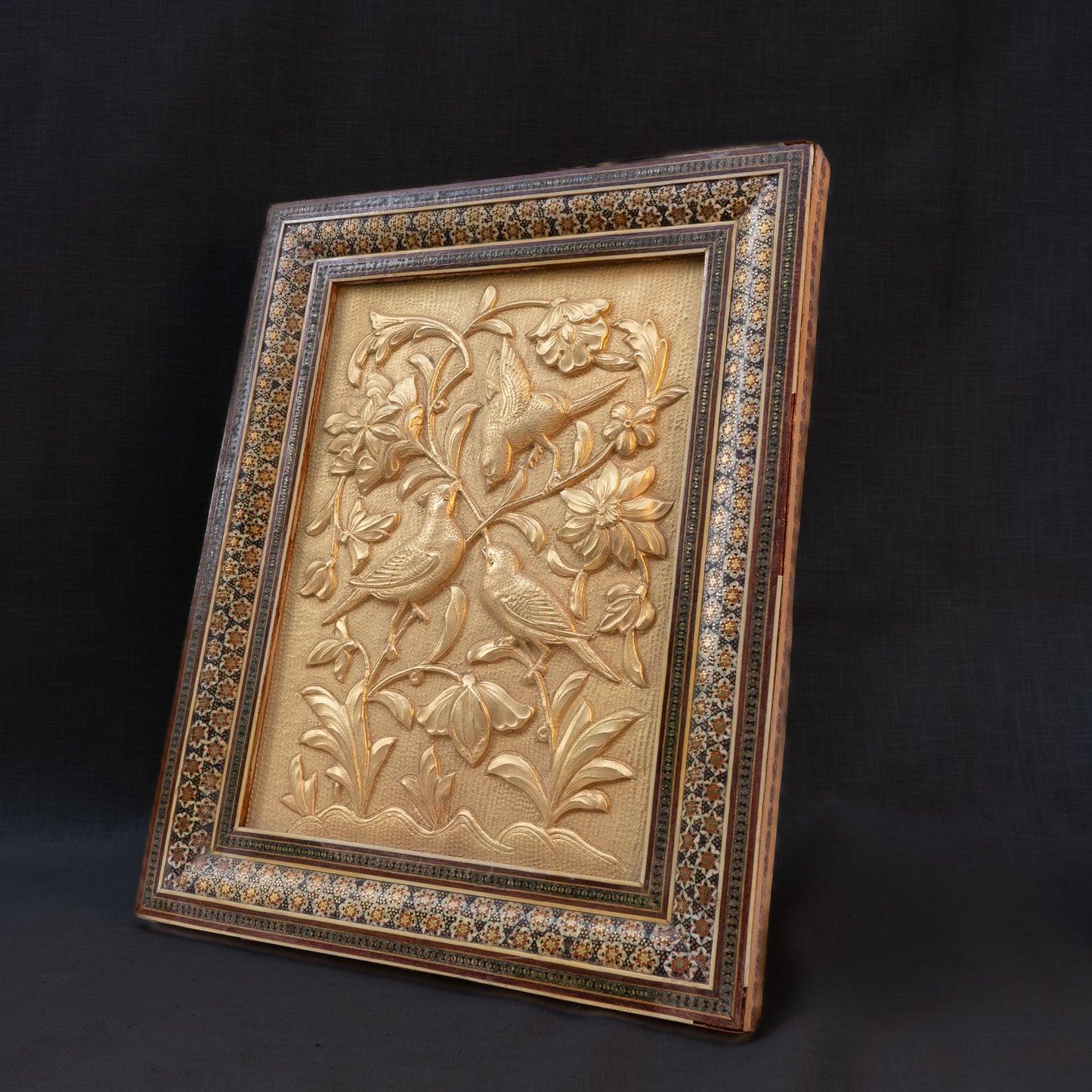 Hand-Hammered Persian Gilt Bronze Plaque - Framed