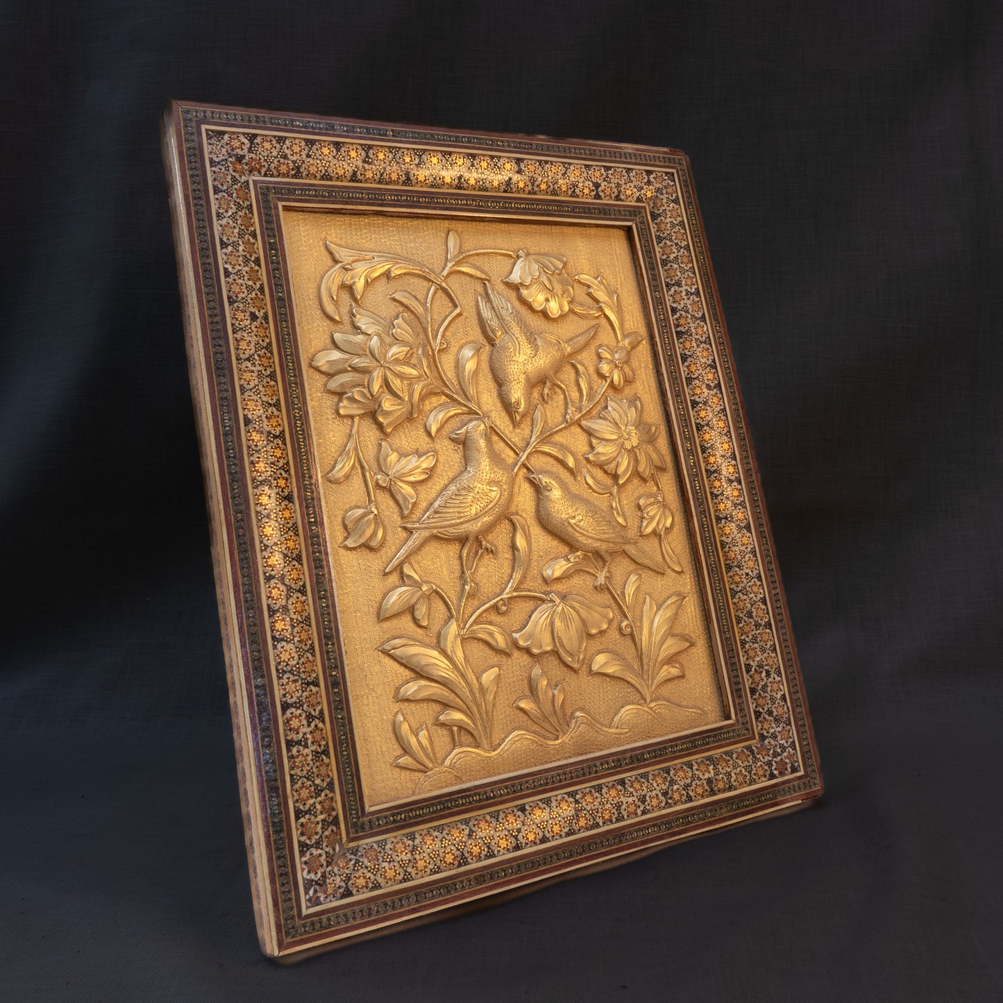 Hand-Hammered Persian Gilt Bronze Plaque - Framed