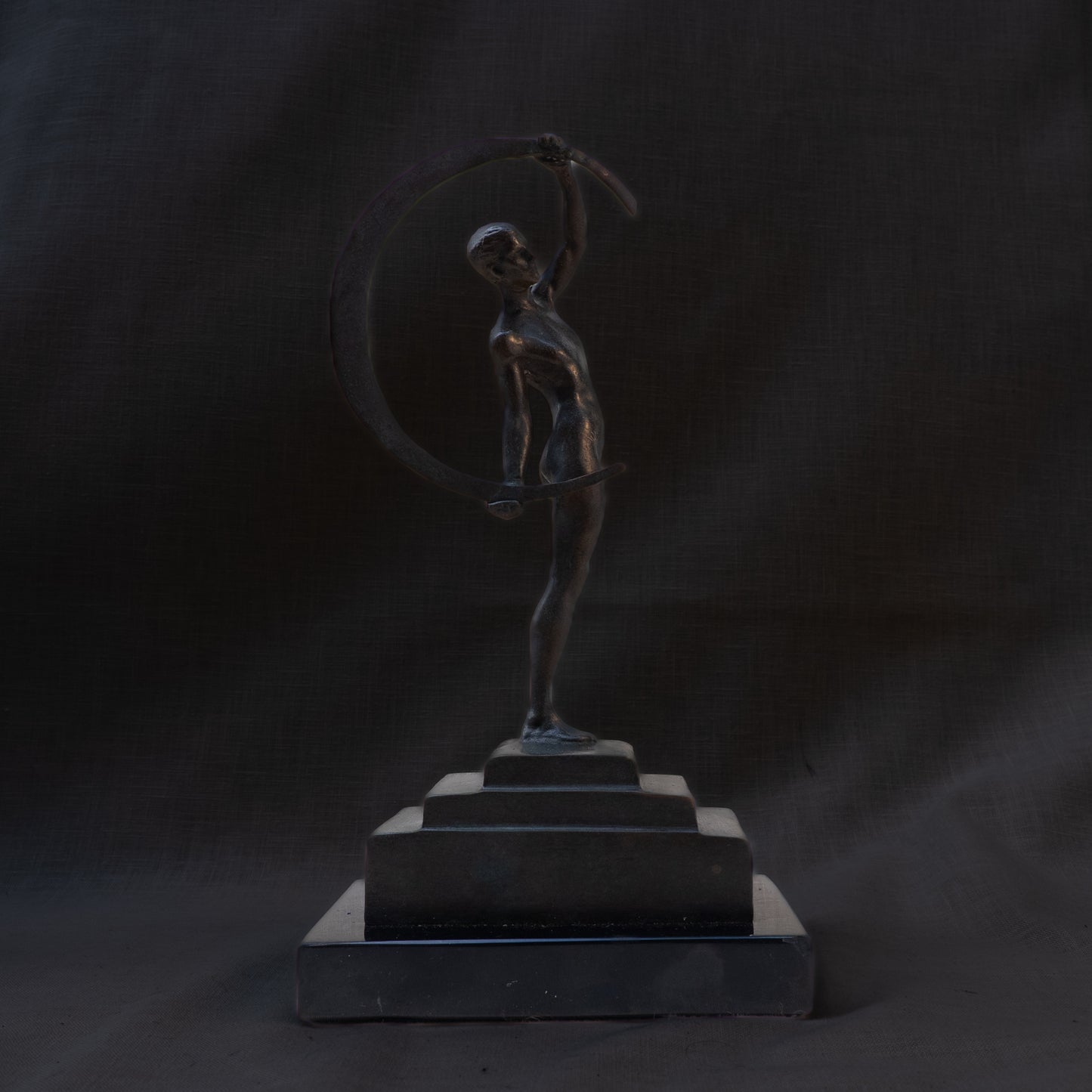 Art Deco Bronze Male Nude with Crescent on Stepped Base