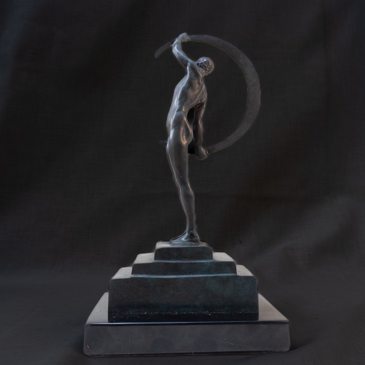 Art Deco Bronze Male Nude with Crescent on Stepped Base