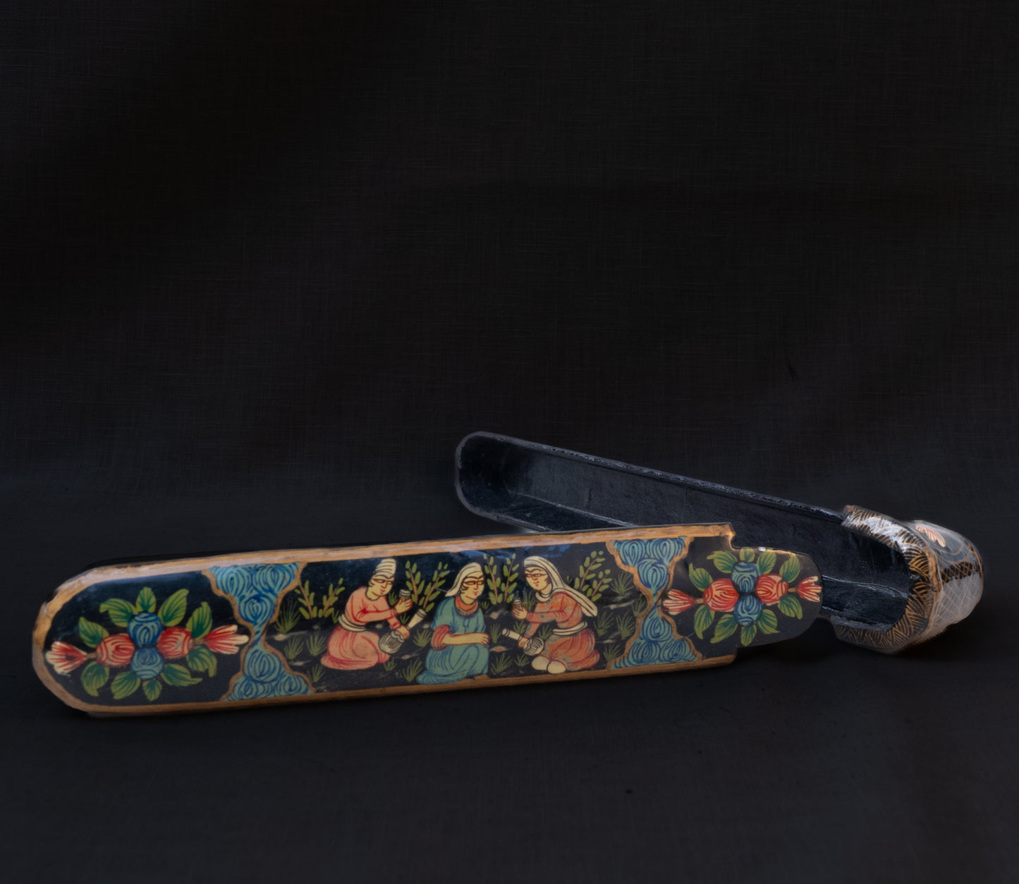 Qajar Lacquered Qalamdan with Seated Women and Wine Motif