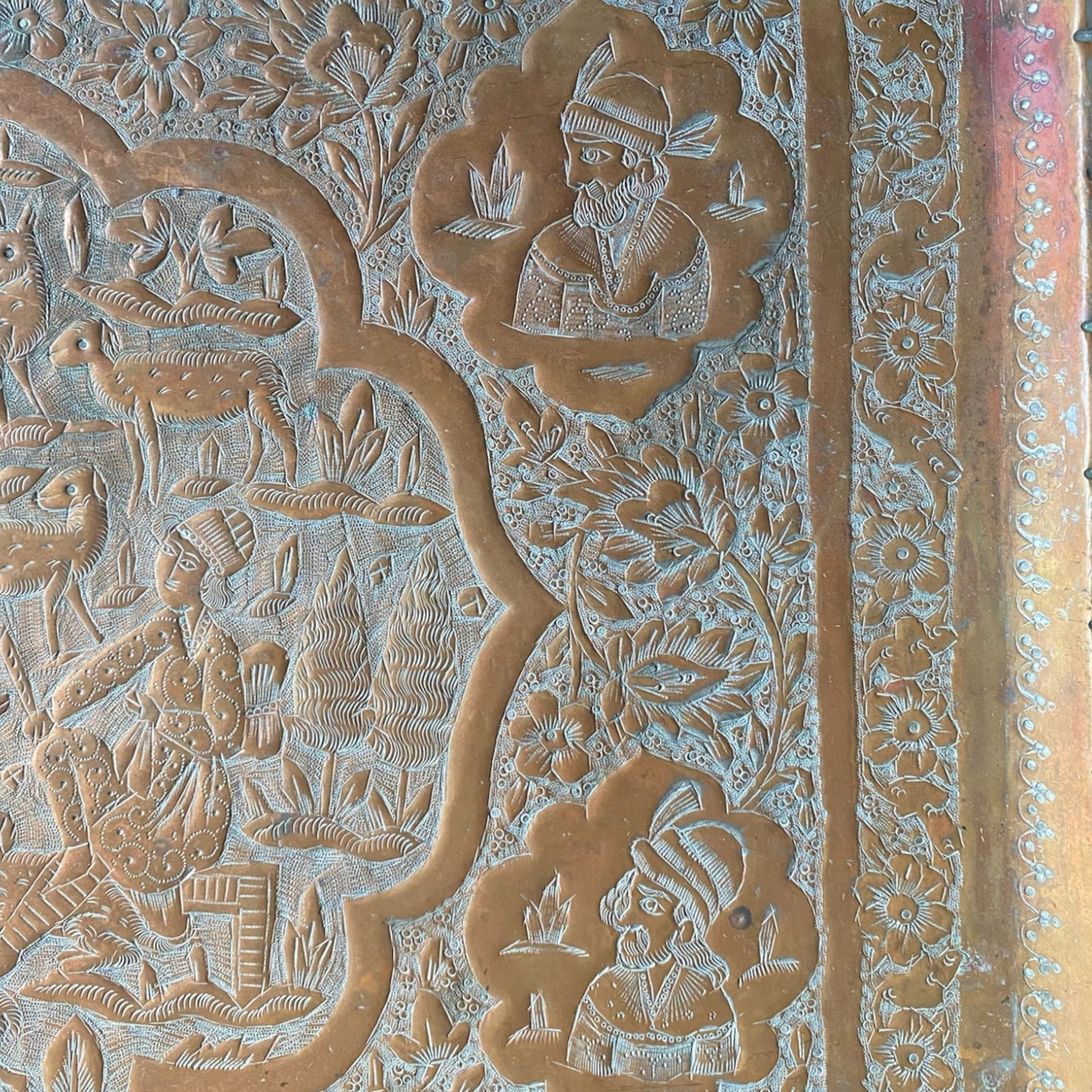 Qajar Rectangular Copper Tray - Busts & Travel Scene