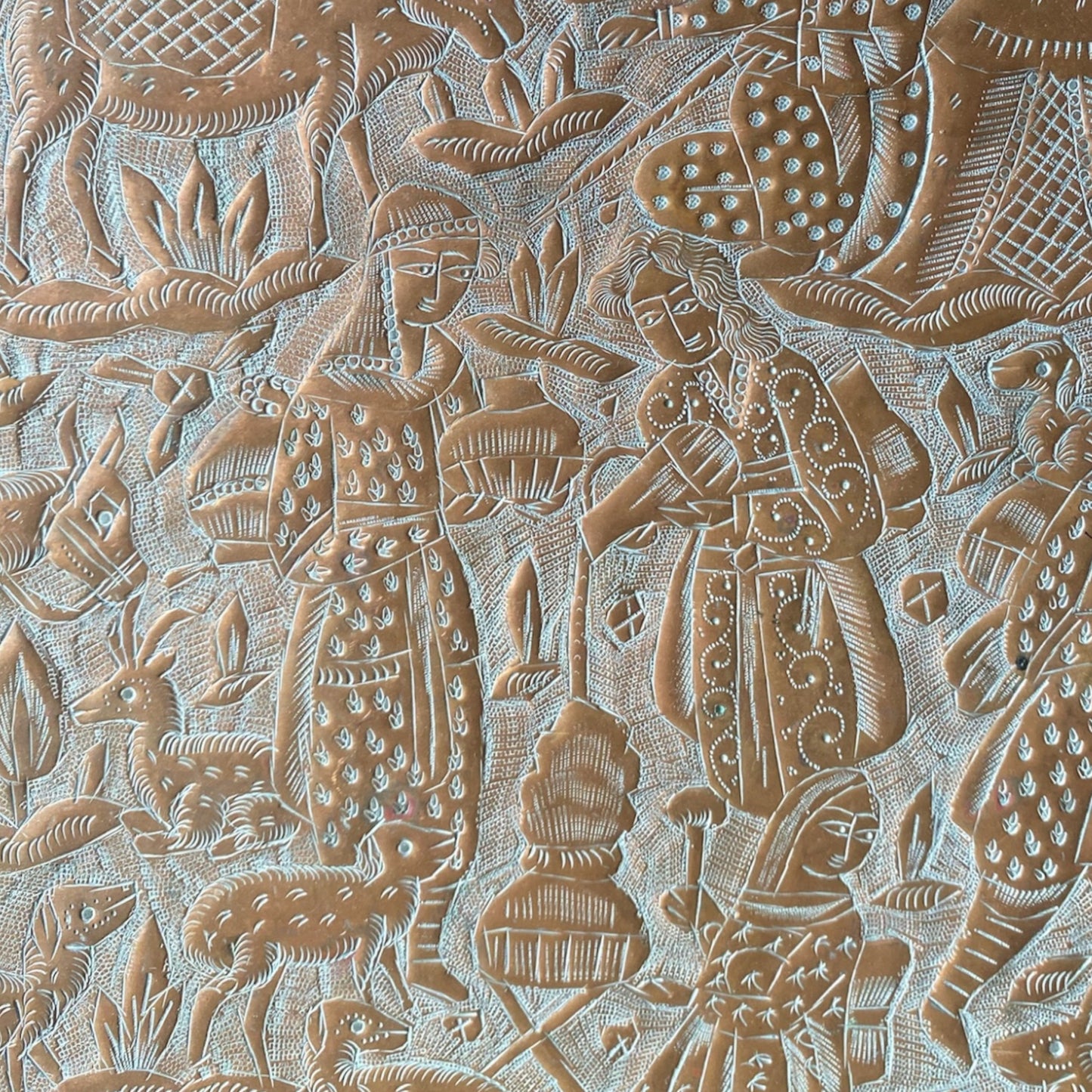 Qajar Rectangular Copper Tray - Busts & Travel Scene