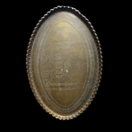 Ottoman Brass Tray - Hand-Hammered Mosque Design