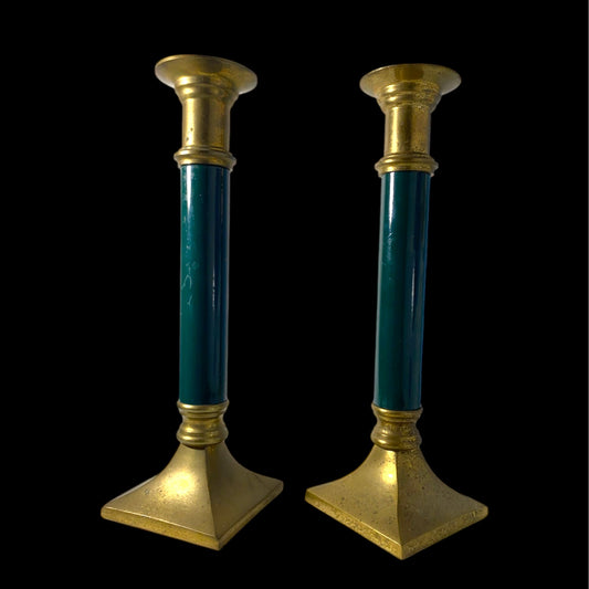 Midcentury Brass Candlesticks - Forest Green Accents