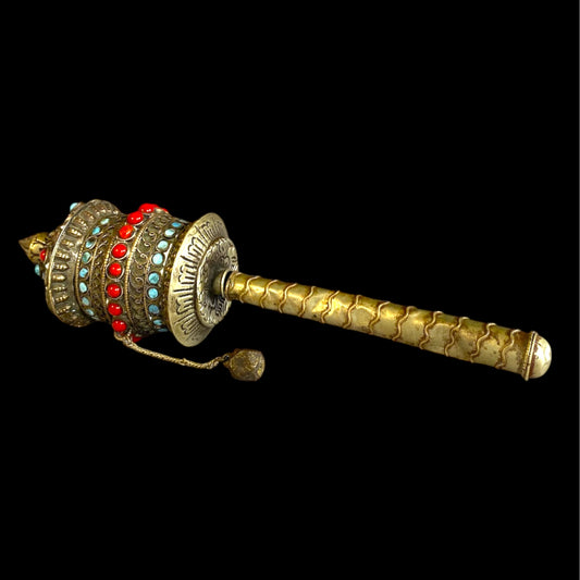 Tibetan Silver Prayer Wheel - Blue & Red Stones