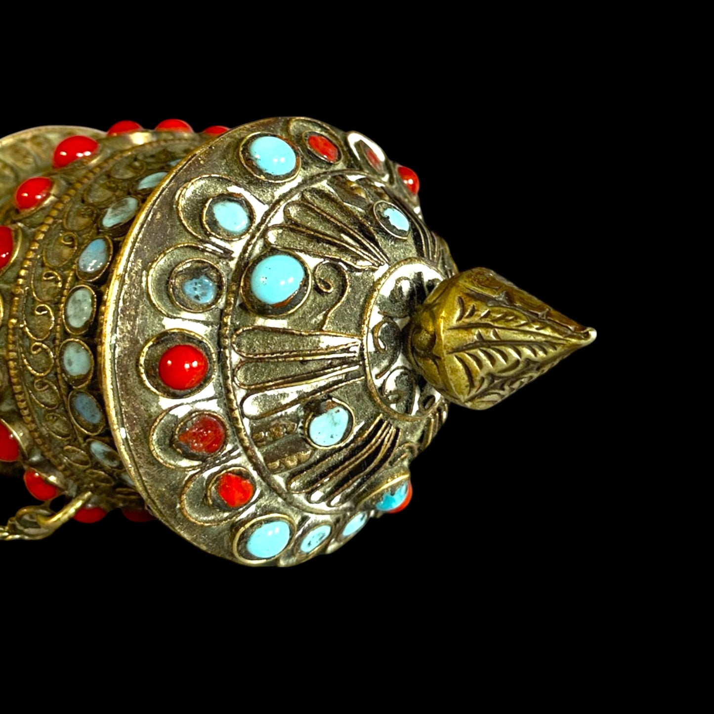 Tibetan Silver Prayer Wheel - Blue & Red Stones
