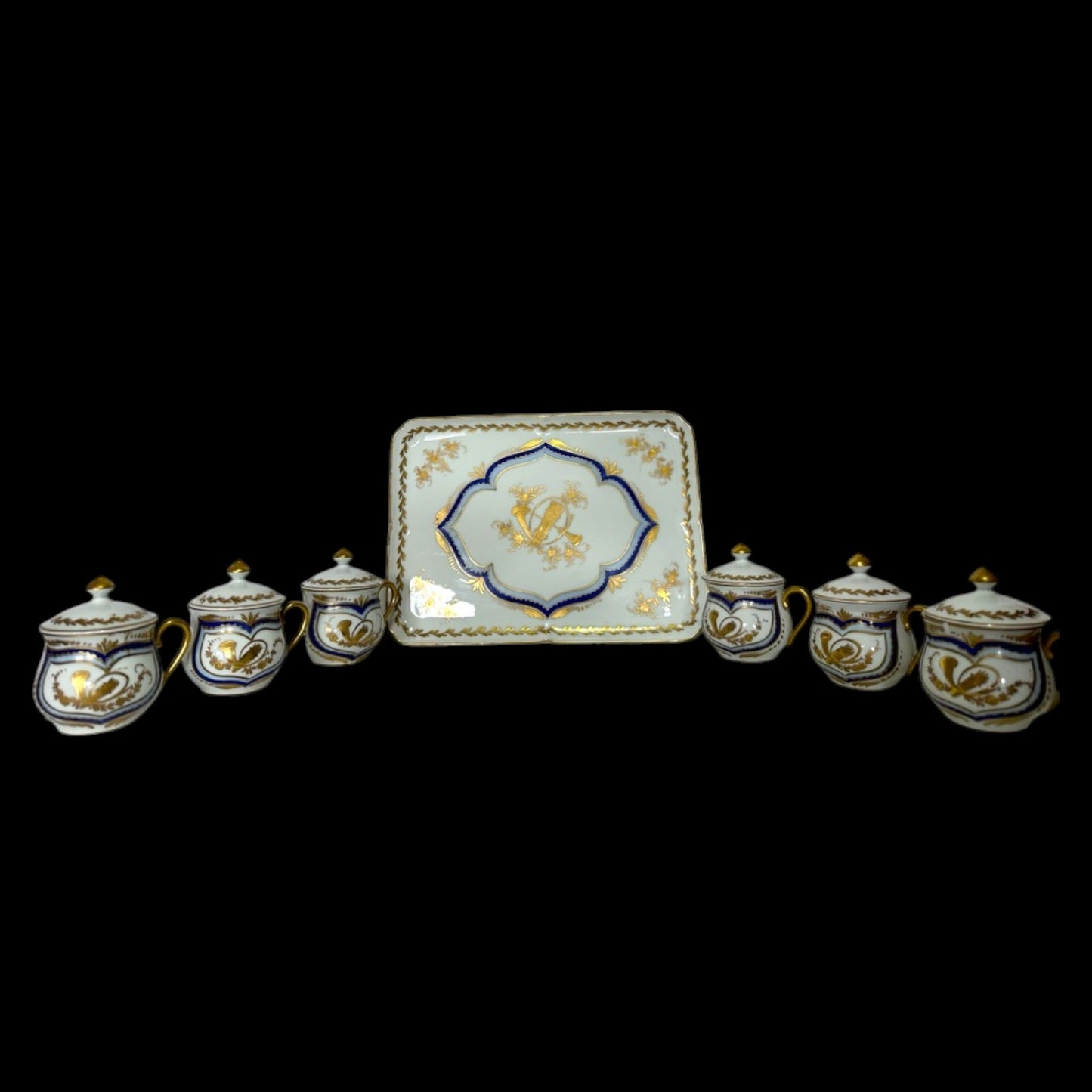 Giraud Limoges Gold Pot de Creme Set - 6 Cups & Tray