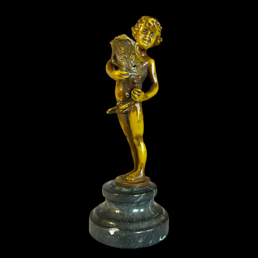 Bronze Statuette of Boy with Basket - Marble Base