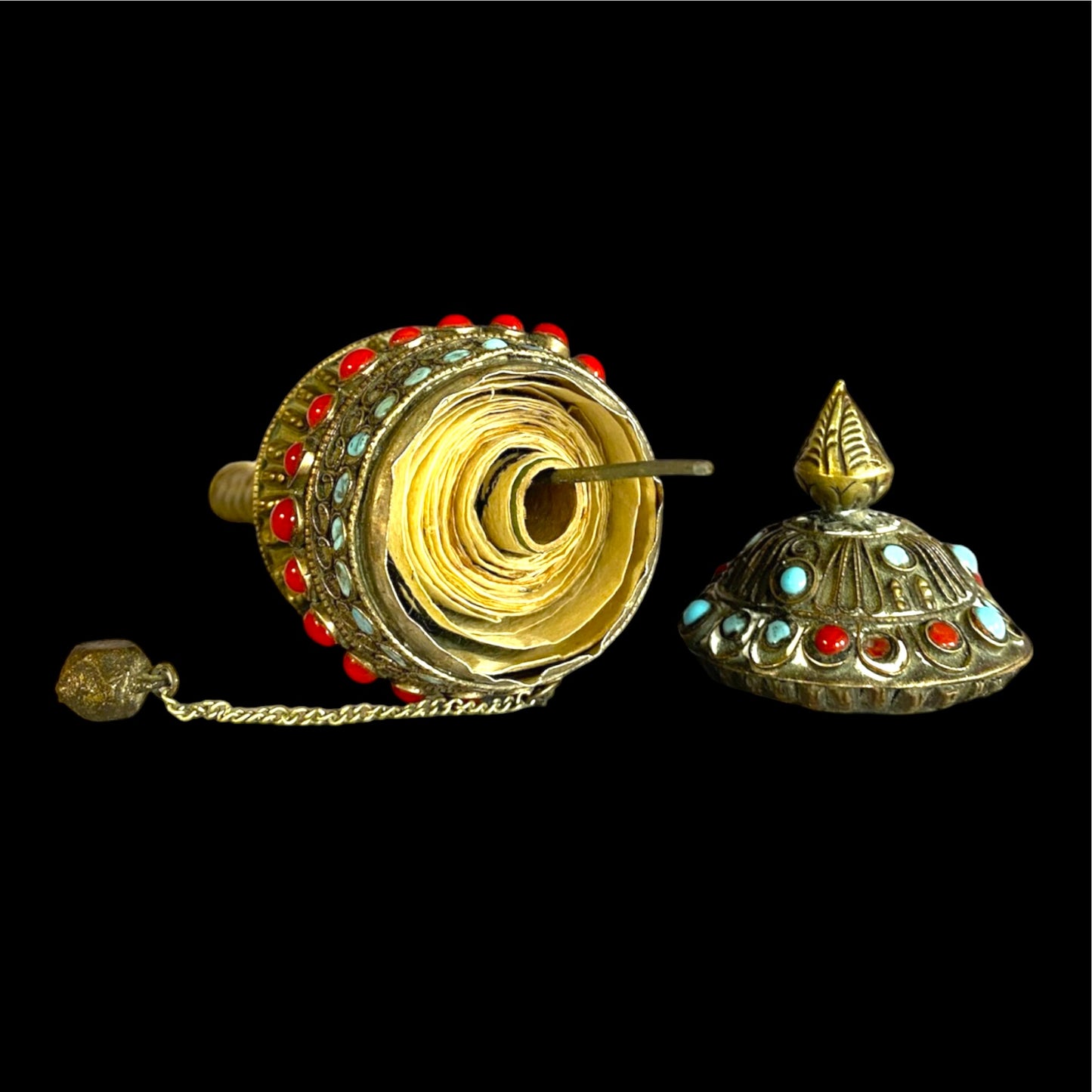 Tibetan Silver Prayer Wheel - Blue & Red Stones
