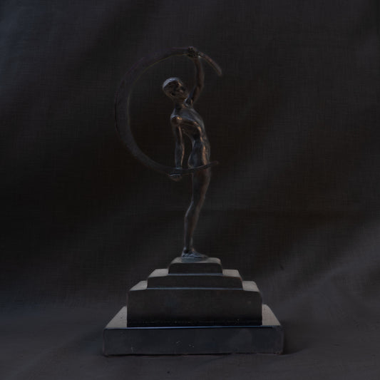 Art Deco Bronze Male Nude with Crescent  on Stepped Base