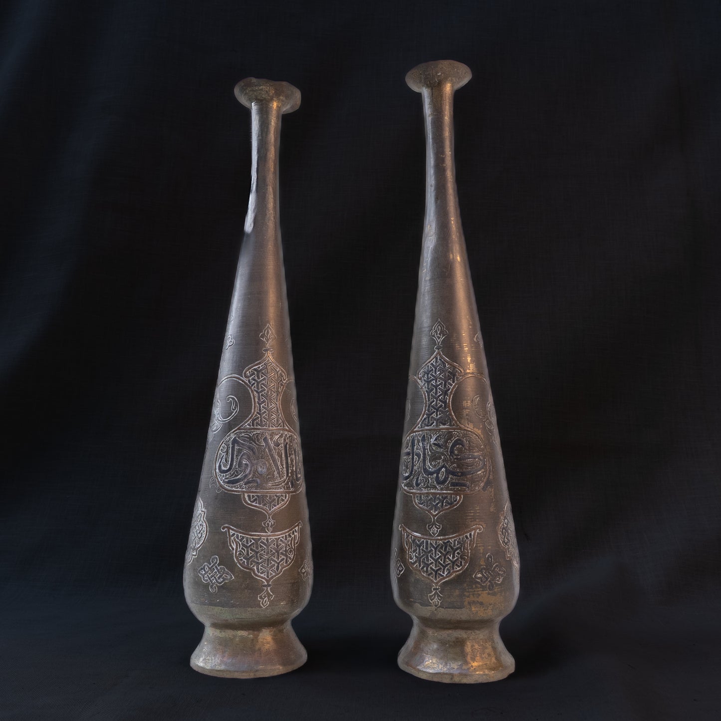 Pair of Egyptian Cairoware Vases with Silver and Copper Inlay