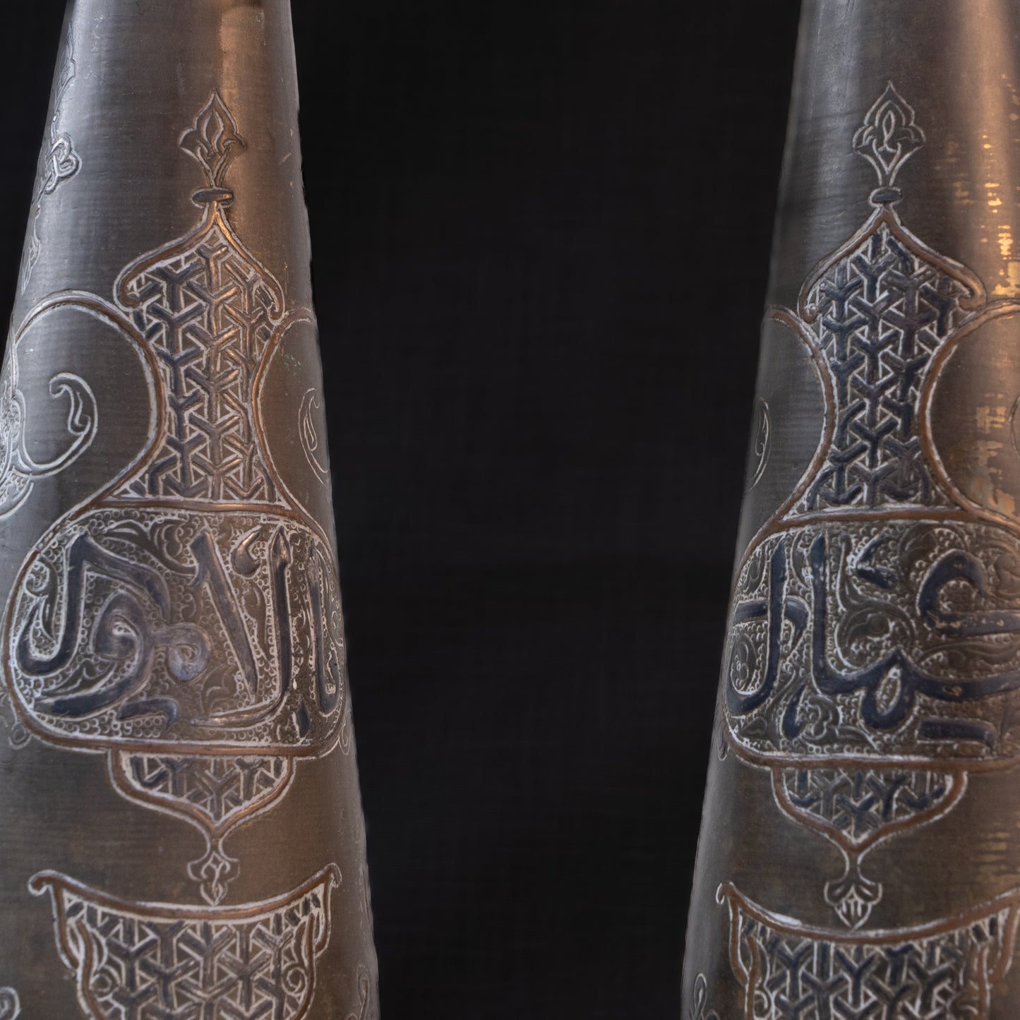 Pair of Egyptian Cairoware Vases with Silver and Copper Inlay