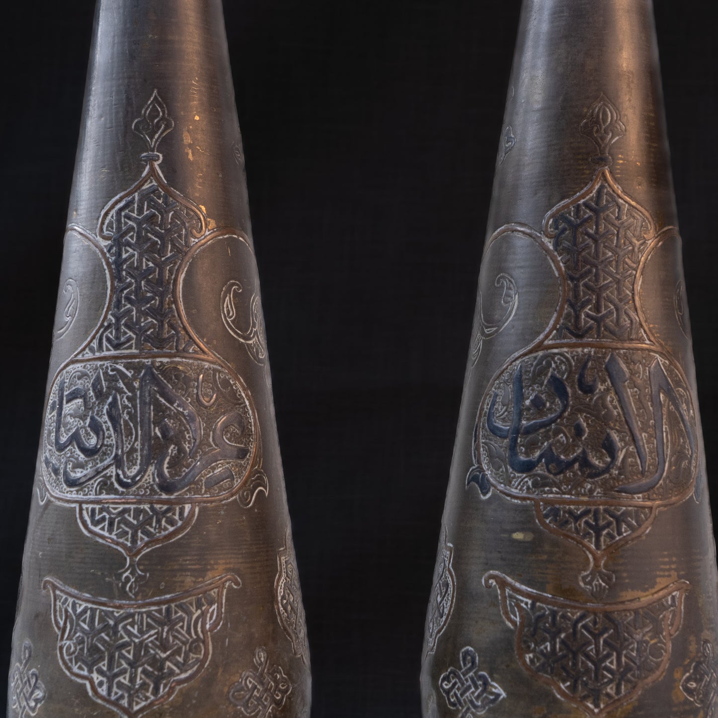 Pair of Egyptian Cairoware Vases with Silver and Copper Inlay