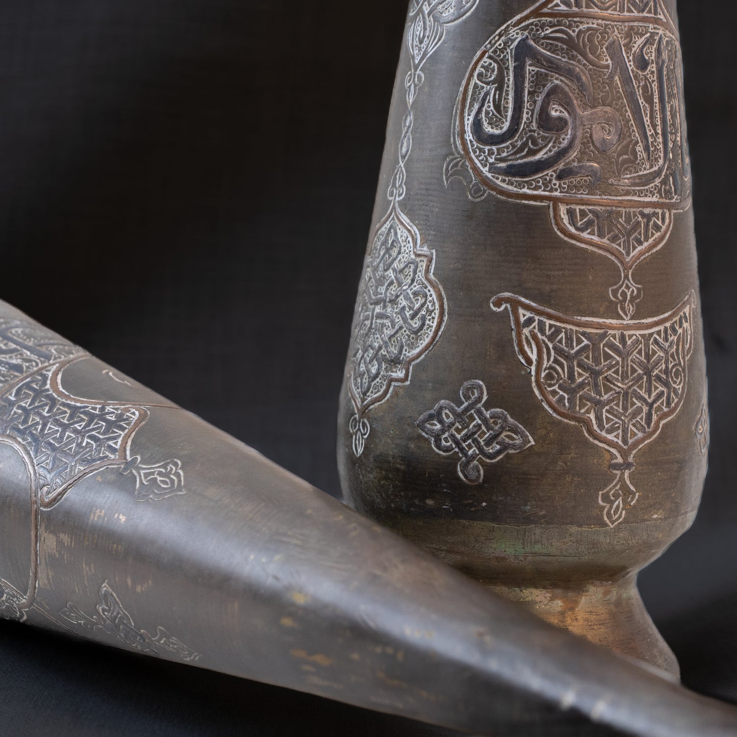Pair of Egyptian Cairoware Vases with Silver and Copper Inlay