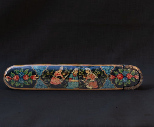 Qajar Lacquered Qalamdan with Seated Women and Wine Motif