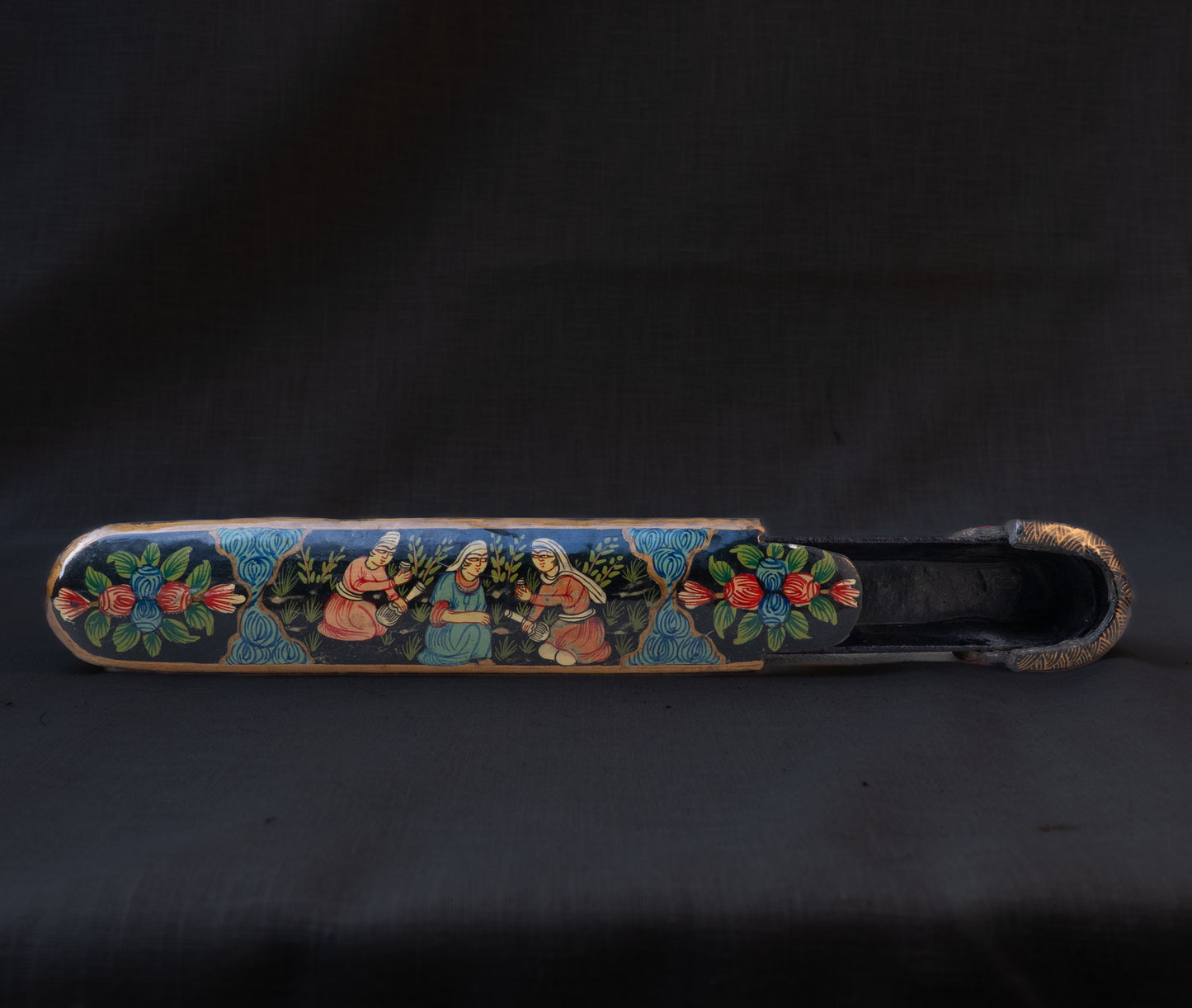 Qajar Lacquered Qalamdan with Seated Women and Wine Motif