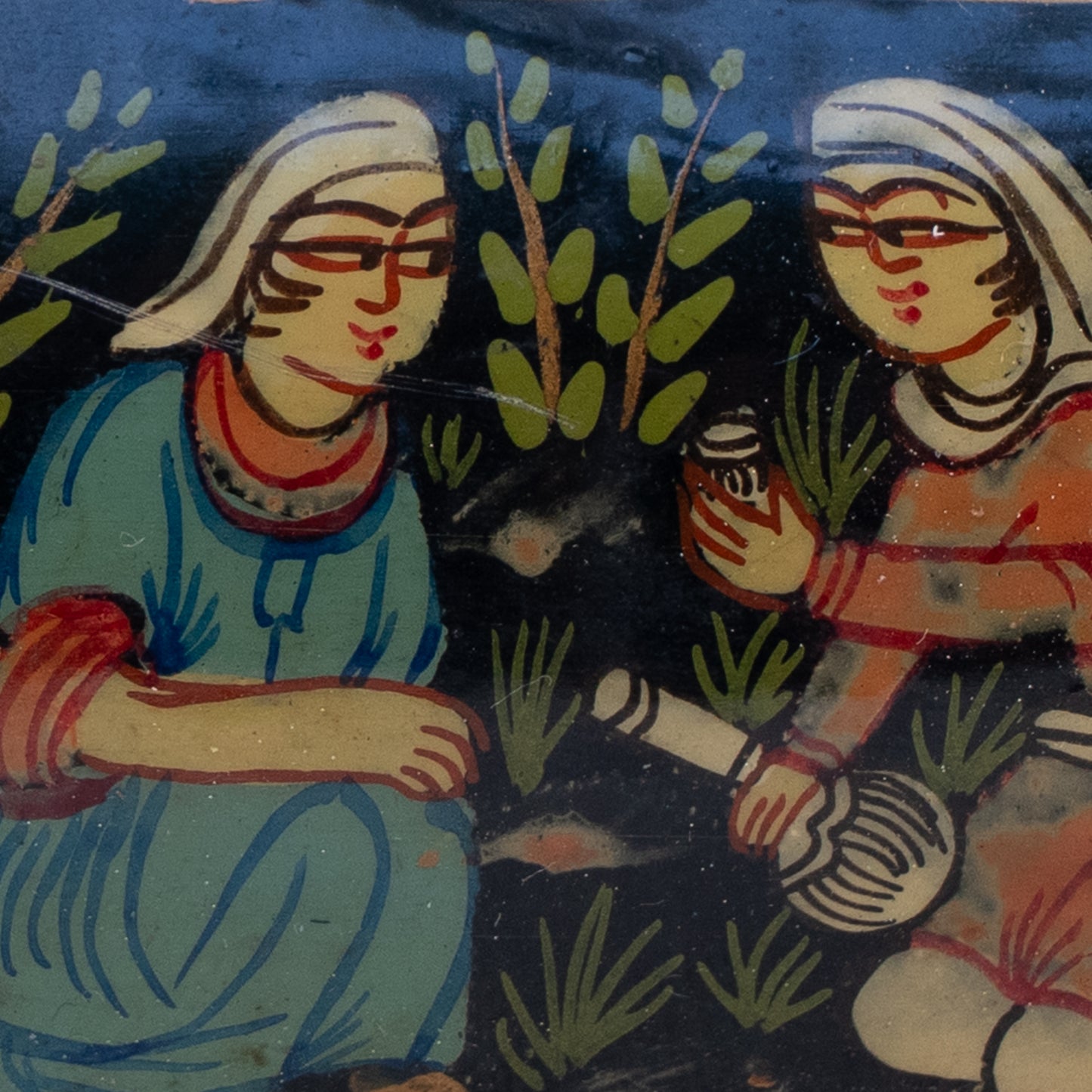 Qajar Lacquered Qalamdan with Seated Women and Wine Motif