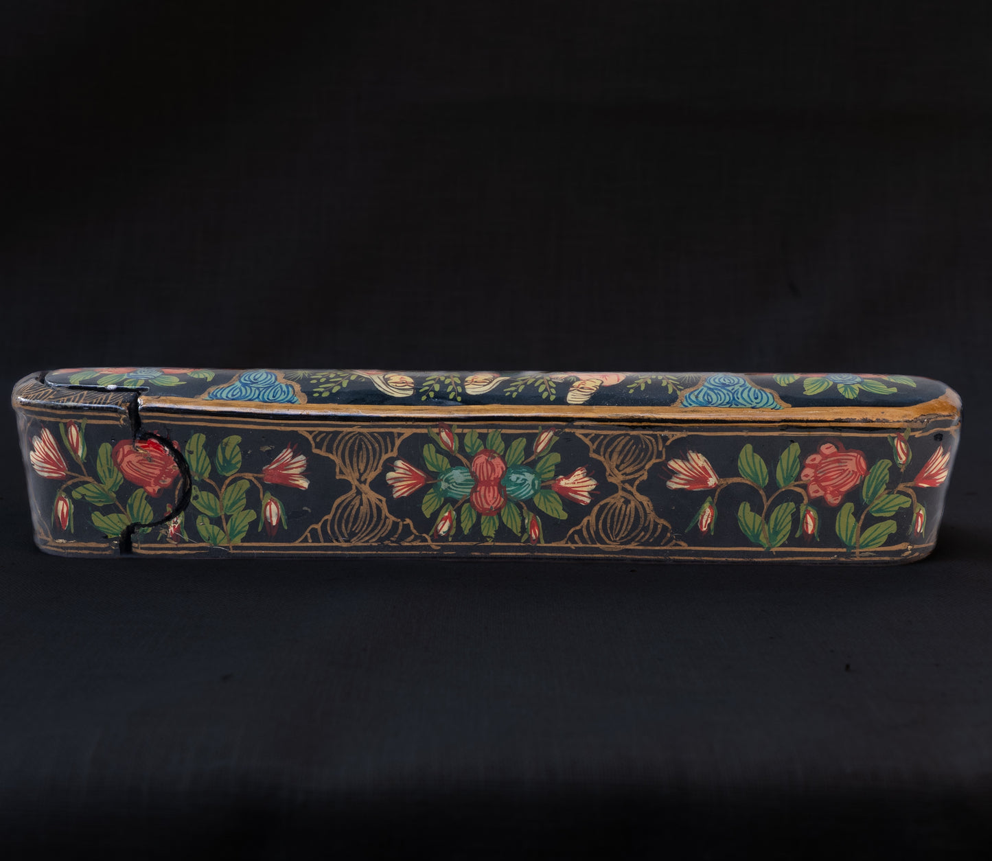 Qajar Lacquered Qalamdan with Seated Women and Wine Motif