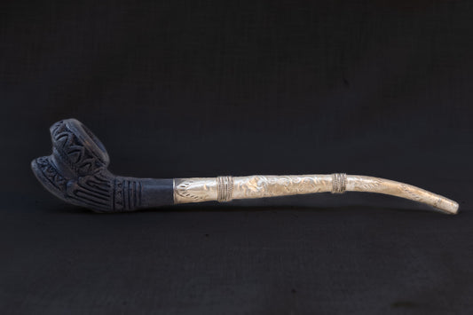 Antique Tibetan Ritual Pipe in Silvered Brass & Clay