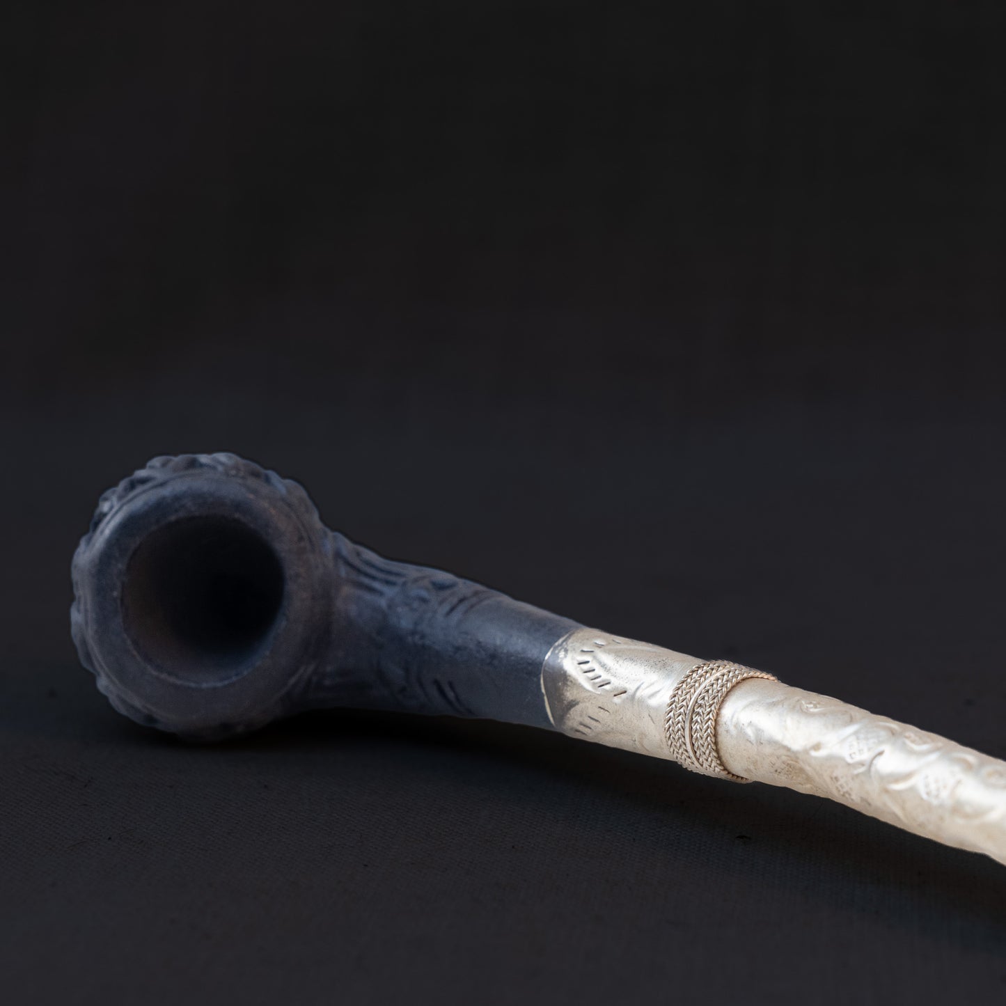 Antique Tibetan Ritual Pipe in Silvered Brass & Clay