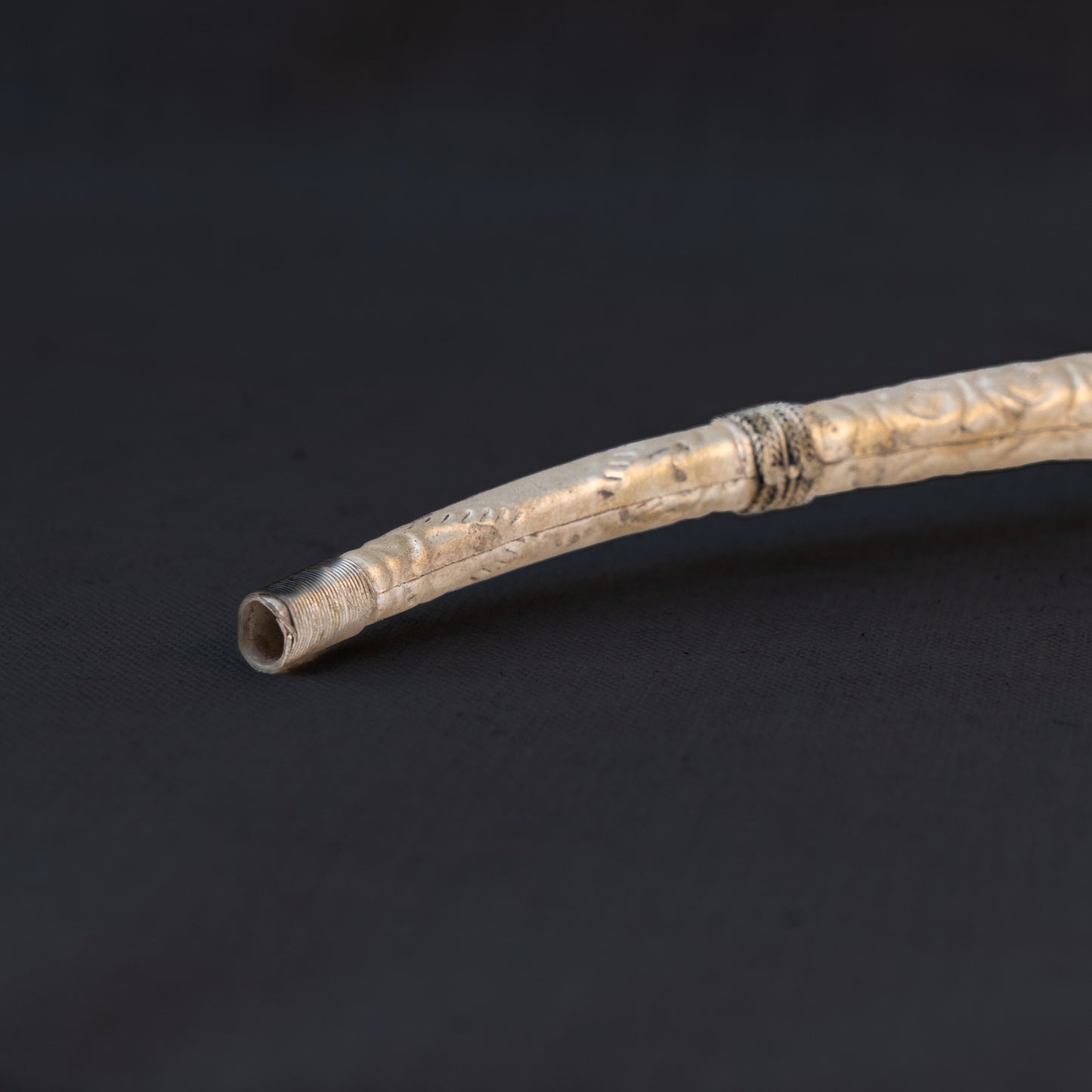 Antique Tibetan Ritual Pipe in Silvered Brass & Clay