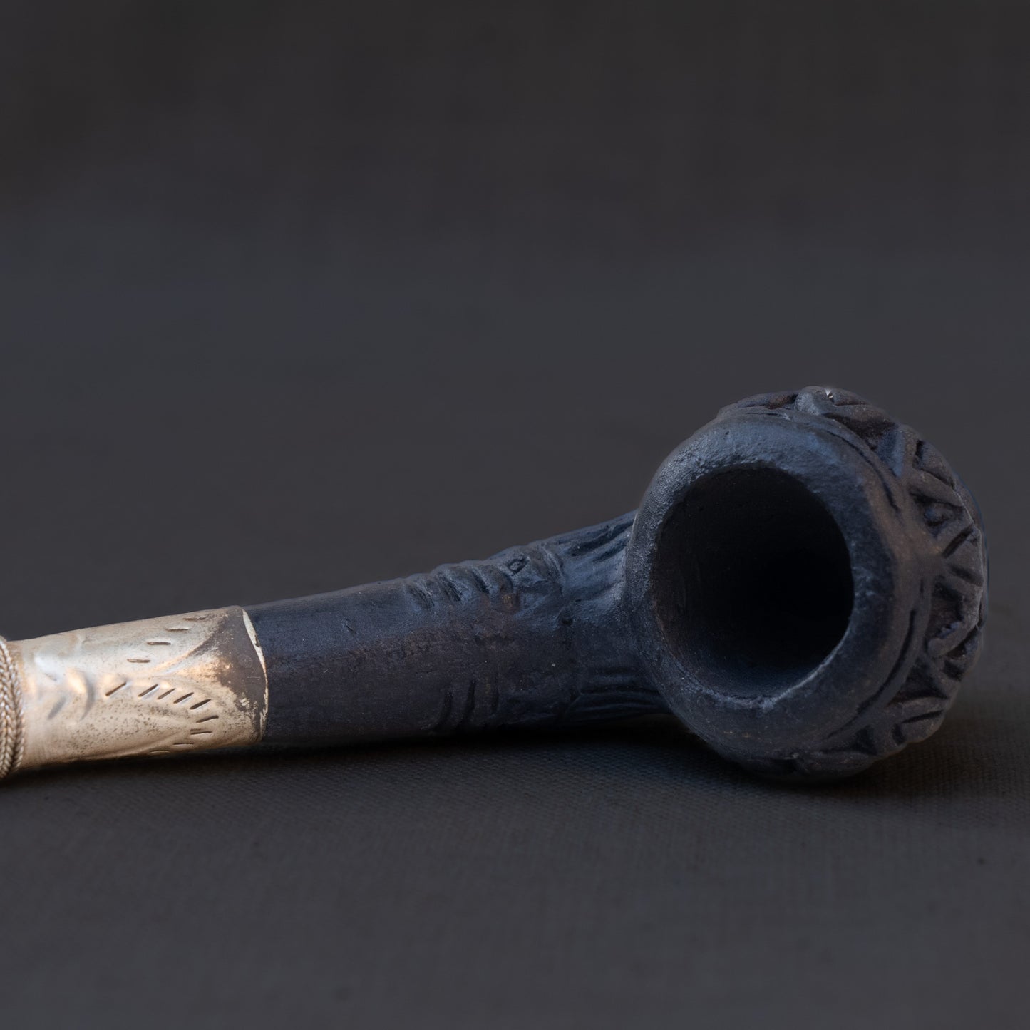 Antique Tibetan Ritual Pipe in Silvered Brass & Clay
