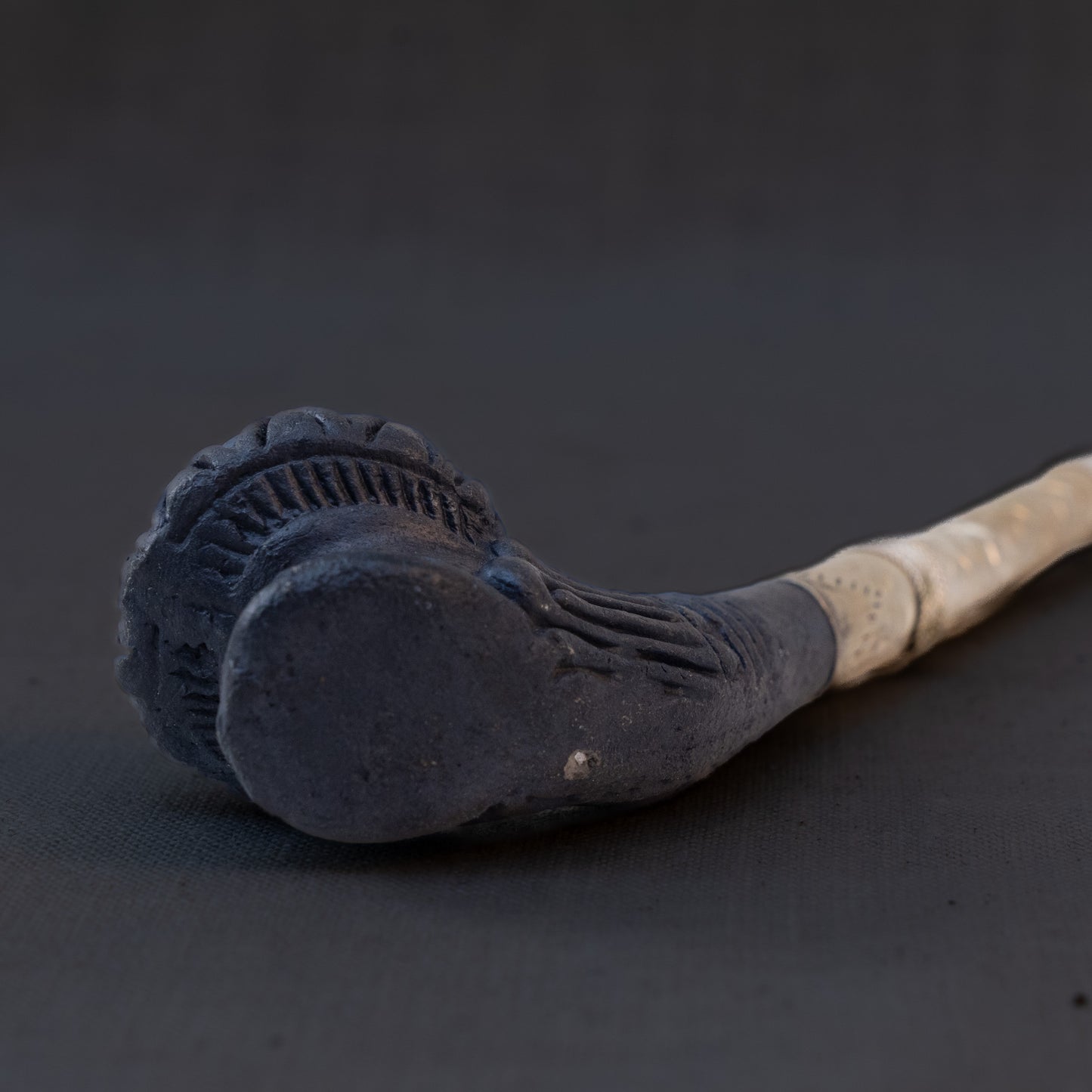 Antique Tibetan Ritual Pipe in Silvered Brass & Clay