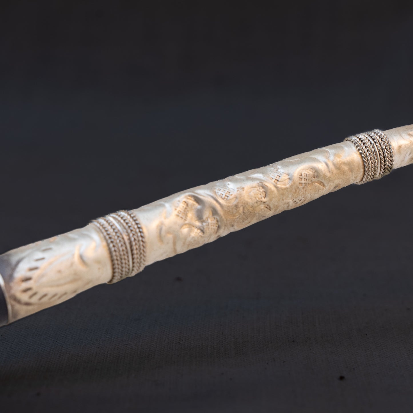 Antique Tibetan Ritual Pipe in Silvered Brass & Clay