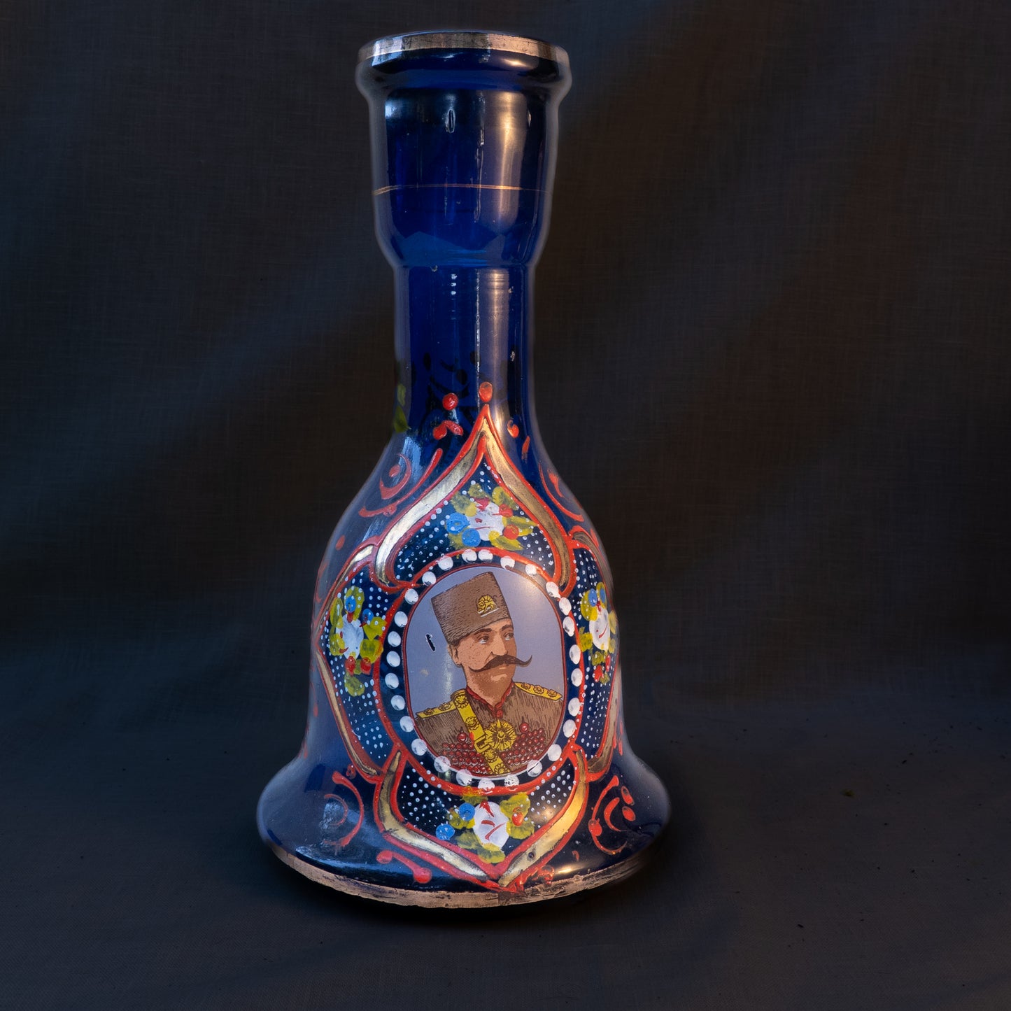 Cobalt Blue Hand-Blown Glass Hookah Base with Arabesque Motifs