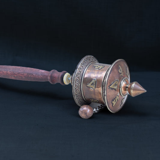 Tibetan Copper and Brass Prayer Wheel with Wood Handle