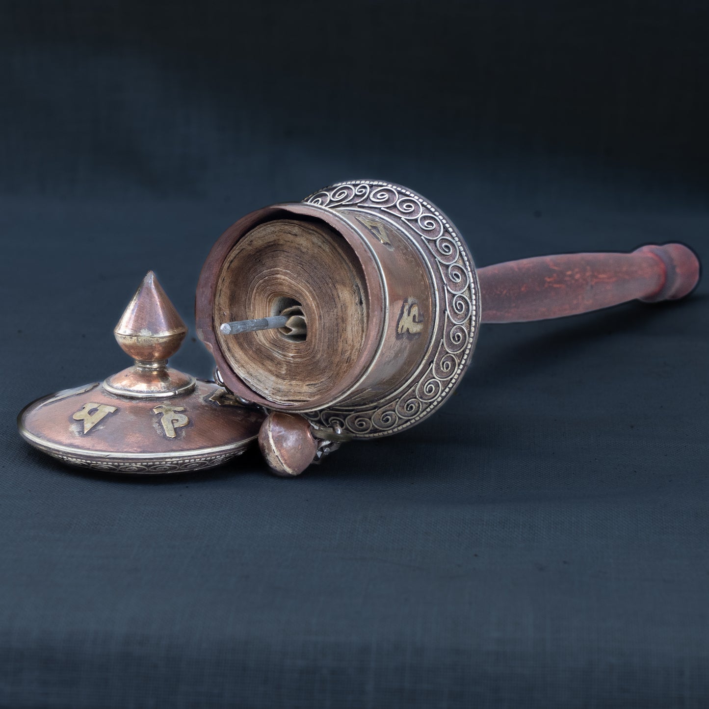 Tibetan Copper and Brass Prayer Wheel with Wood Handle