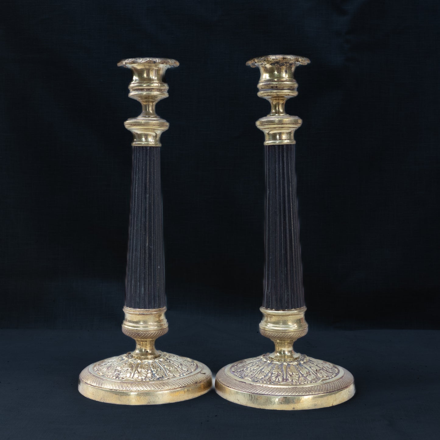 Pair of Empire Revival Gilt and Patinated Bronze Candlesticks