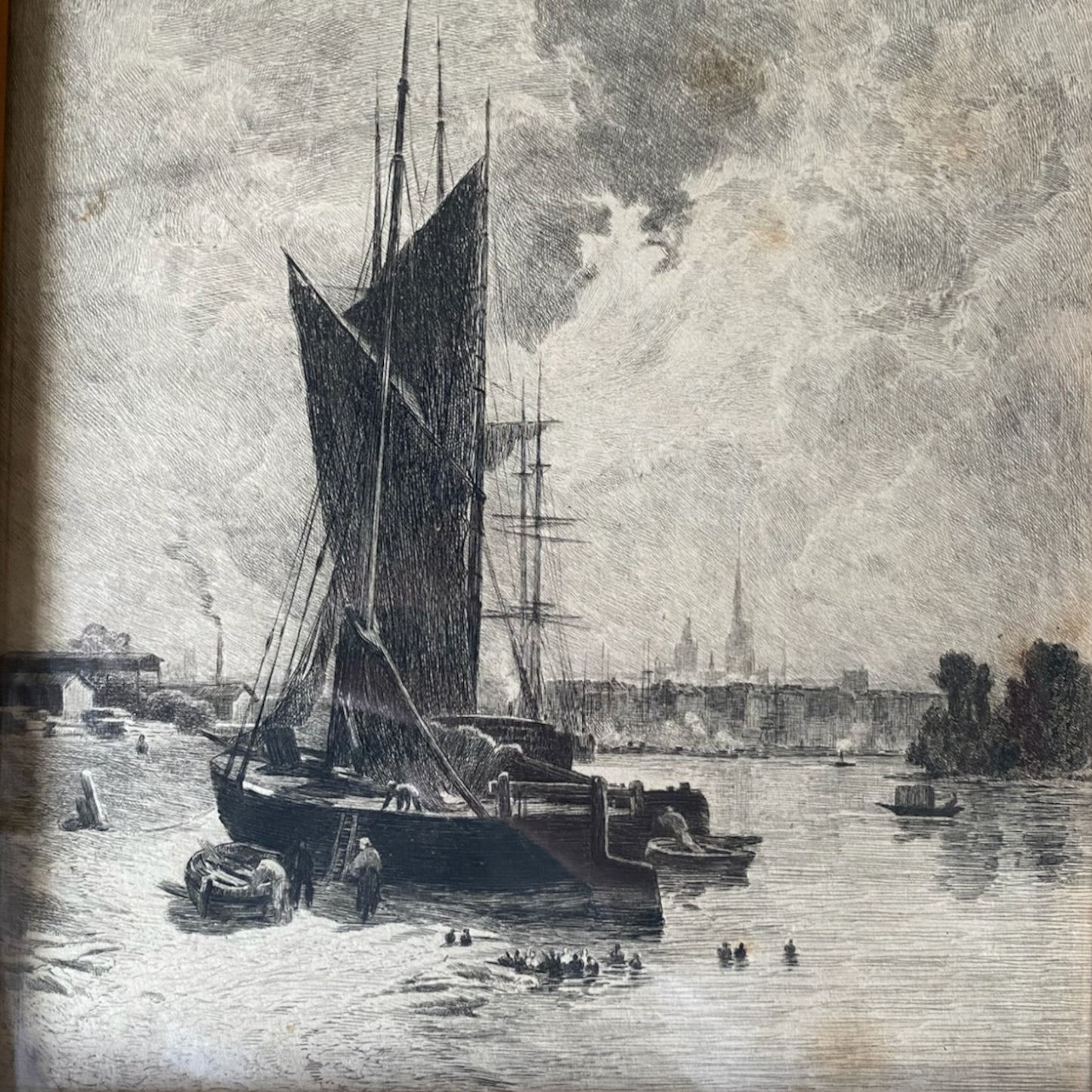 Theophile Chauvel Etching - "Barges near Rouen"