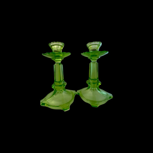 Midcentury Uranium Glass Candlesticks - Set of Two