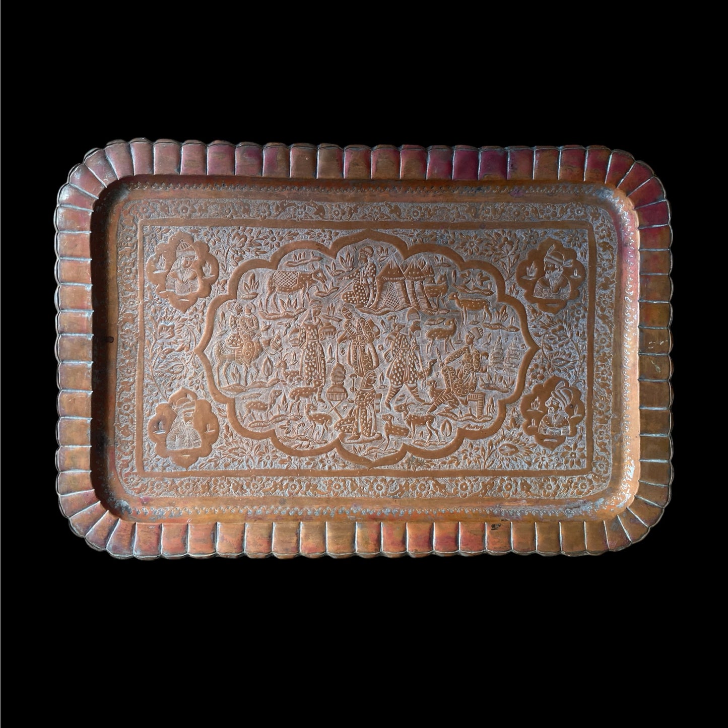 Qajar Rectangular Copper Tray - Busts & Travel Scene