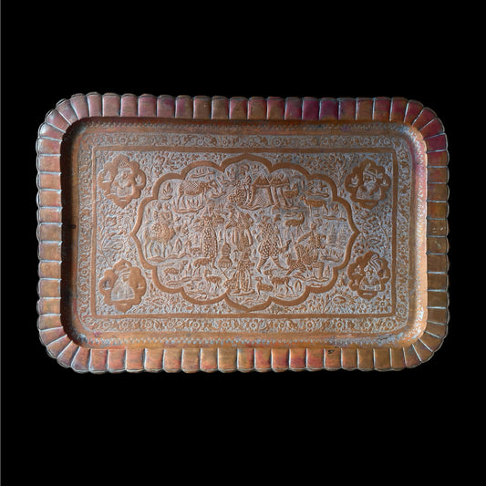 Qajar Rectangular Copper Tray - Busts & Travel Scene