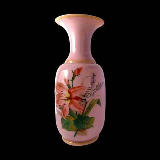 Vintage French Opaline Vase with Hand-Painted Florals